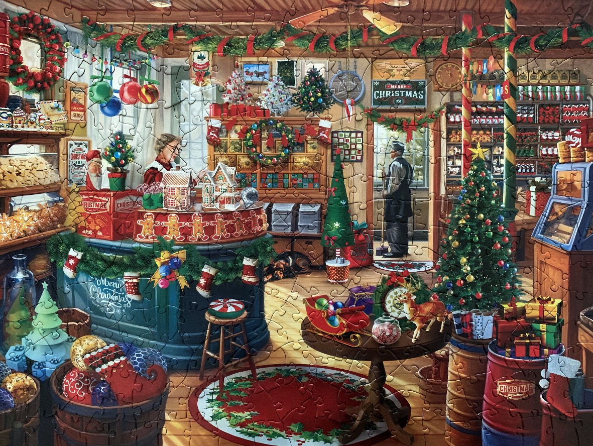 An illustration of a cozy, rustic bakery decorated for Christmas with a woman behind the counter and a man in the back.