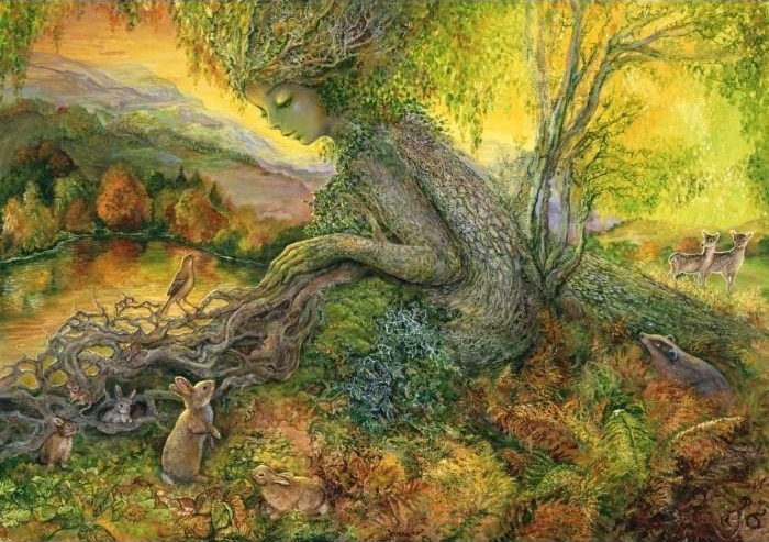 A mystical forest dryad with tree-bark skin and leaves interacting with woodland animals by a tranquil river.