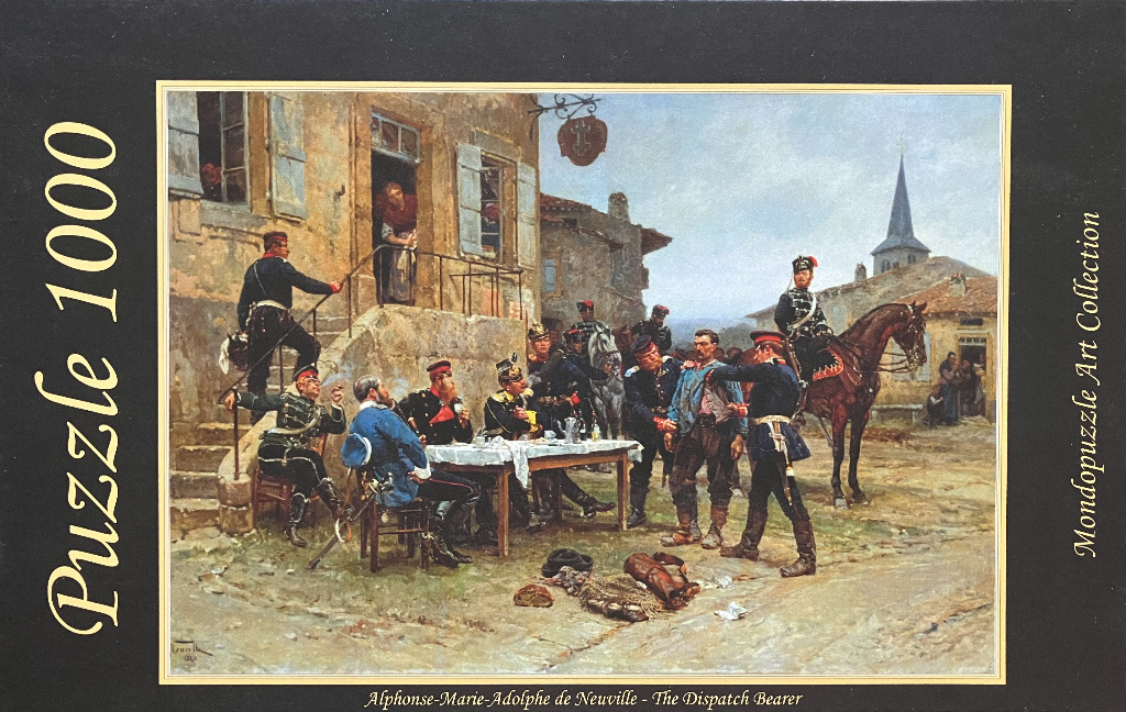 An oil painting of 19th-century French soldiers relaxing outside a village inn, surrounding a disheveled dispatch bearer.