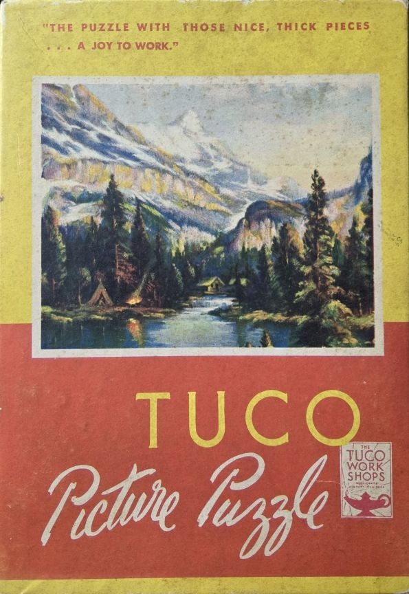 A nostalgic landscape illustration featuring a mountain range, a calm river, a cabin, and a small campsite.