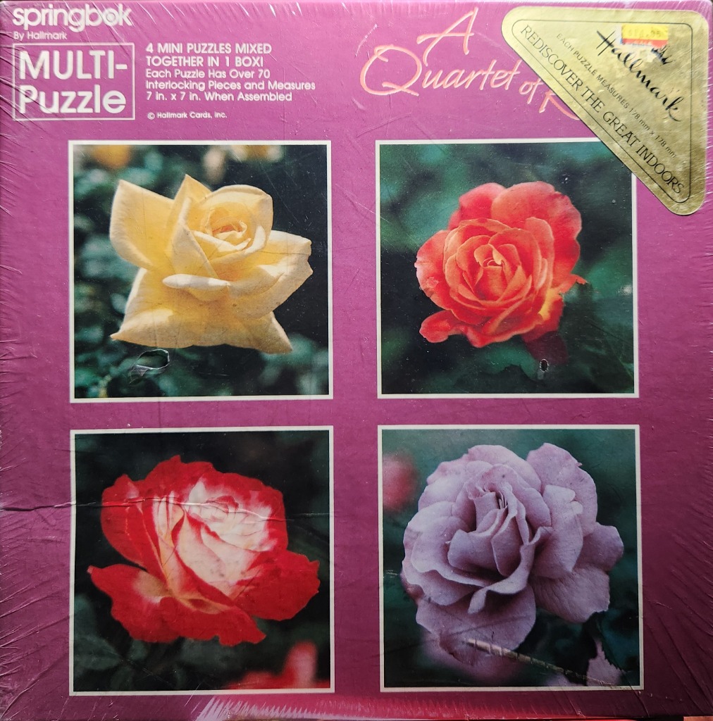 Four close-up photographs of different colored roses arranged in a grid on a magenta background.