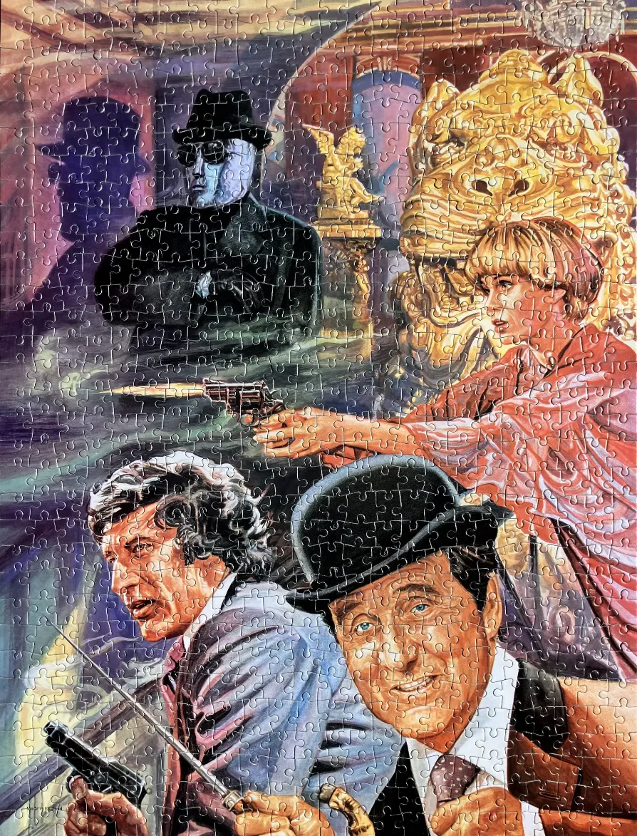 Illustration of characters from The Avengers television series, including John Steed, Emma Peel, and a mysterious figure.