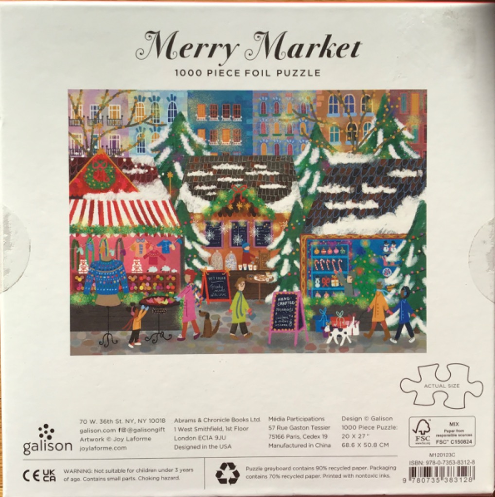 Merry Market: Colorful winter scene of stalls and shops with people and festive decorations.