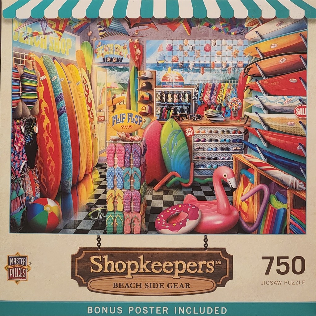 A colourful illustration of the interior of a beach supply shop filled with surfboards, flip-flops, and pool inflatables.