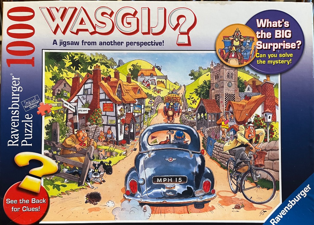 Cartoon scene of a vintage car driving through a quaint English village with surprised onlookers