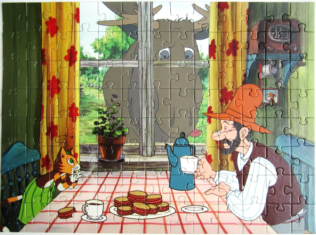 Cartoon illustration of a man and a cat having breakfast while a large moose peers through the window.