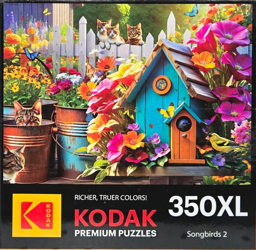 A vibrant garden scene with a blue birdhouse, colorful flowers, and several tabby cats hiding in pots and on a fence.