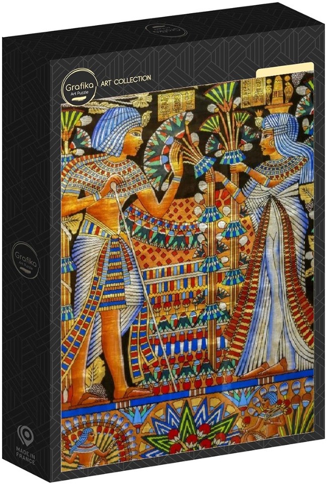 An Egyptian-style illustration depicting a royal couple adorned in traditional clothing, surrounded by stylized lotus plants.