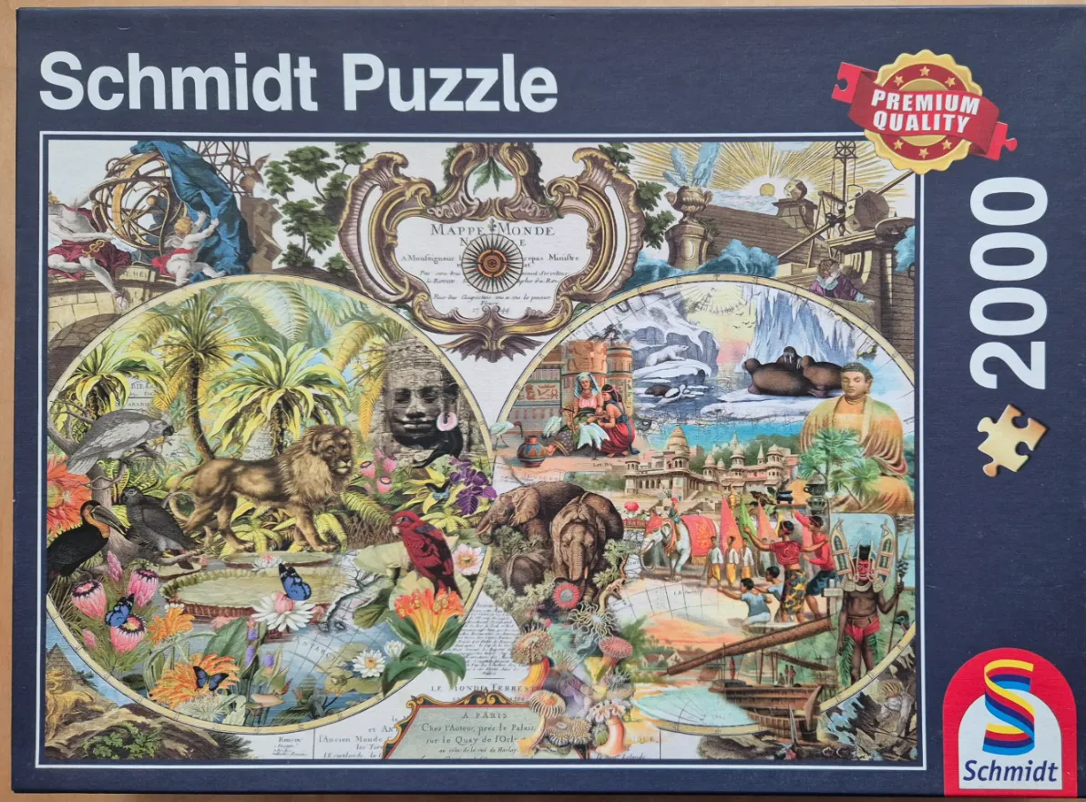 Antique-style double hemispheric map featuring a montage of global wildlife, landmarks, and cultural scenes.