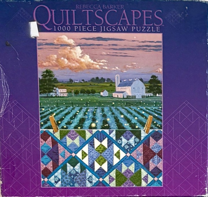 A quilt hanging on a clothesline in front of a rural farm landscape at dusk, featuring fireflies in a field.