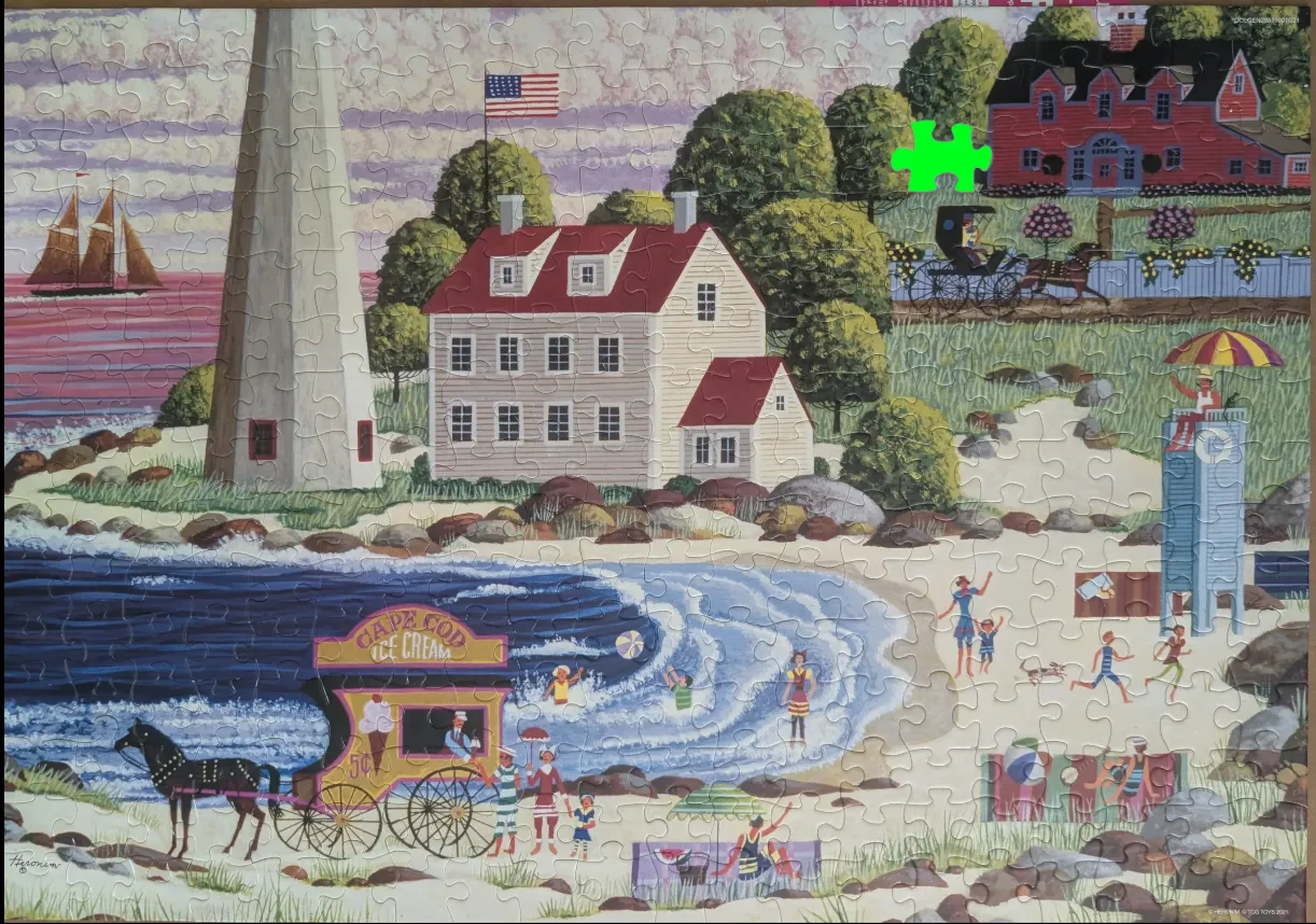 A nostalgic folk art scene of a beach with a lighthouse, horse-drawn ice cream wagon, and Victorian vacationers.
