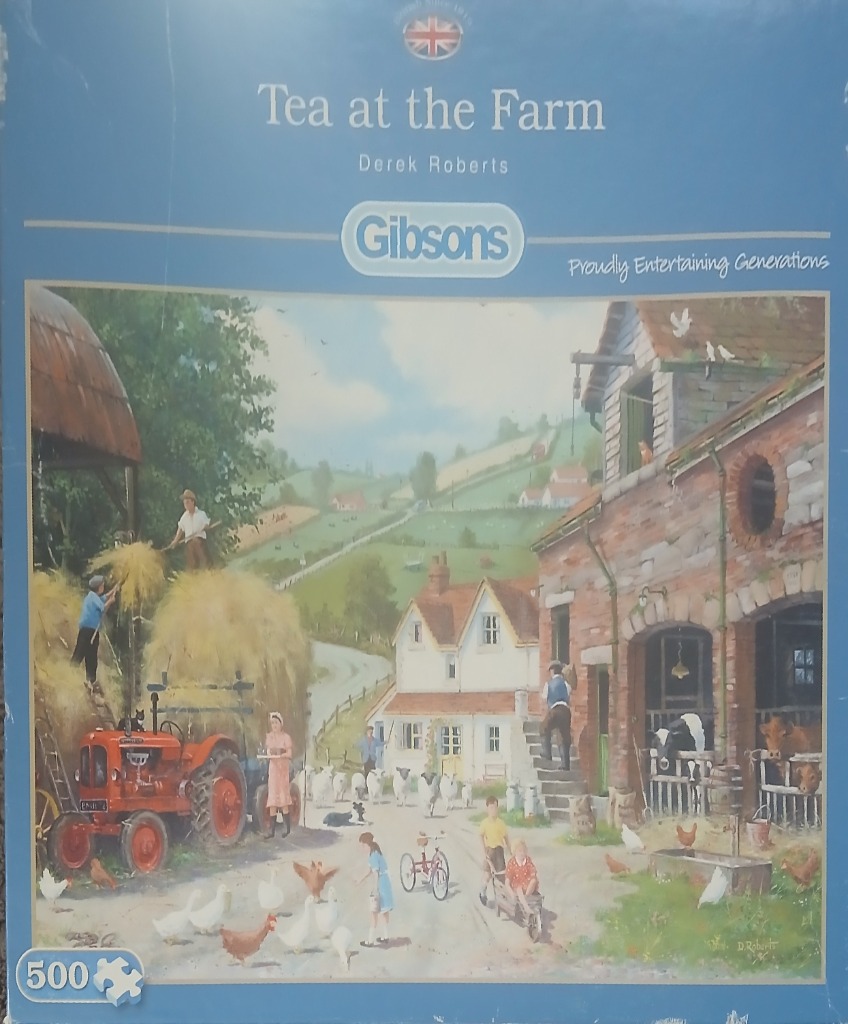 A nostalgic rural farm scene with a bright red tractor, haystacks, farm animals, and figures in a sunny countryside.