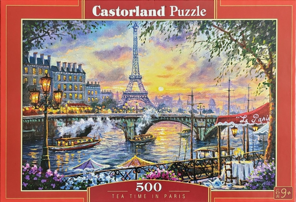 Impressionist oil painting of the Eiffel Tower at sunset with a river view and a riverside cafe table in the foreground.