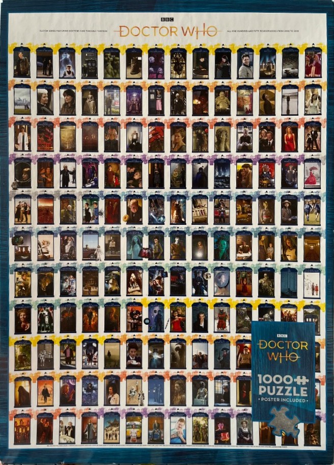 A grid of 154 photographic panels framed by blue police box silhouettes, documenting television series scenes.