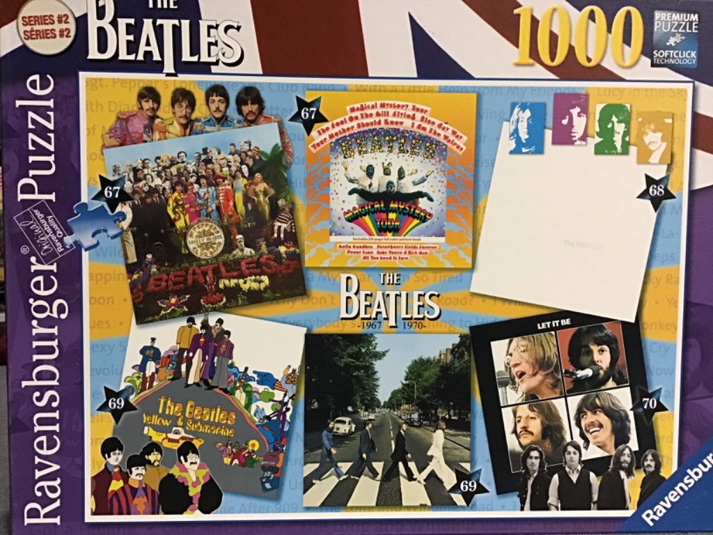 A collage featuring five iconic album covers and portraits of The Beatles