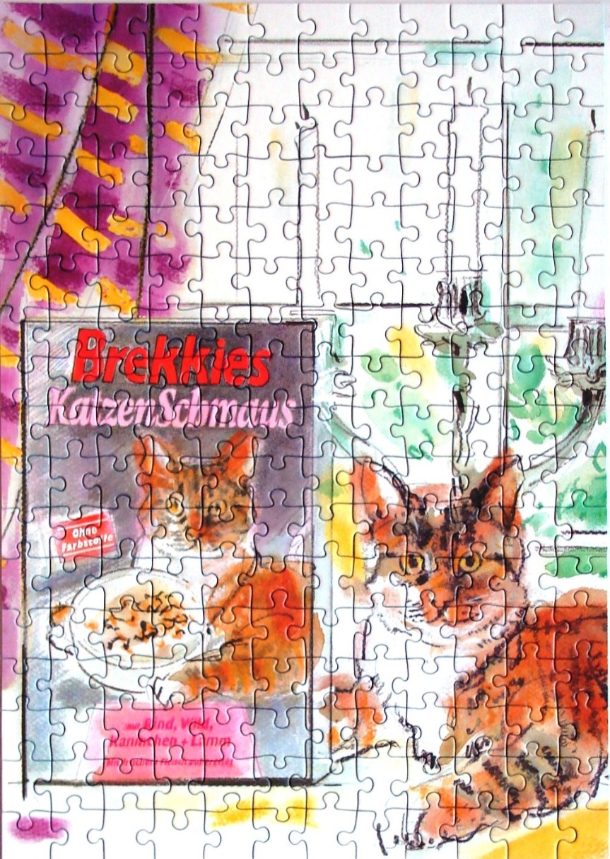 Watercolor illustration of two orange tabby cats and a box of cat food in a bright, airy setting.