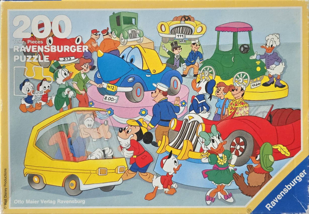 Cartoon scene of Disney characters at an automobile exhibition