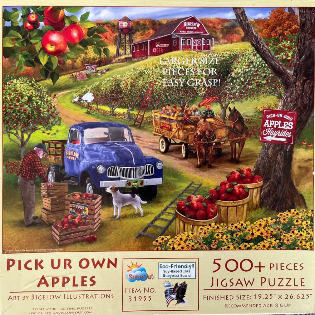 An idyllic autumn apple orchard scene featuring a blue vintage truck, a horse-drawn hayride, and an elderly man harvesting.