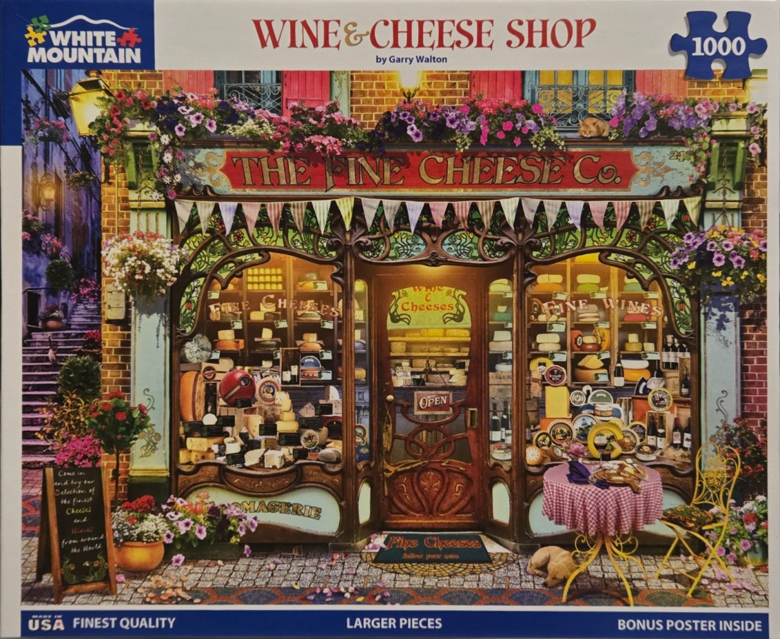 A charming, illustrated storefront of a cheese and wine shop with an Art Nouveau wooden frame, flowers, and a cozy patio.