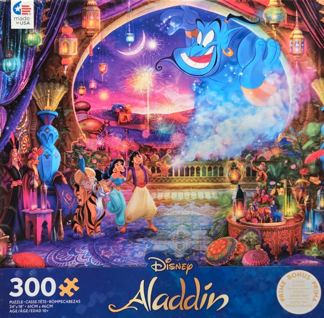 Aladdin characters standing on a balcony with the Genie appearing in a starry night sky filled with fireworks.