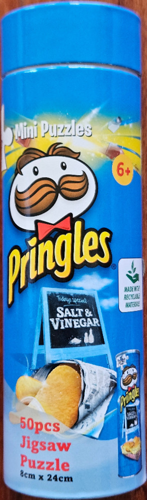 A cylindrical container featuring the iconic cartoon mascot with a mustache and a chalkboard sign for Salt and Vinegar.