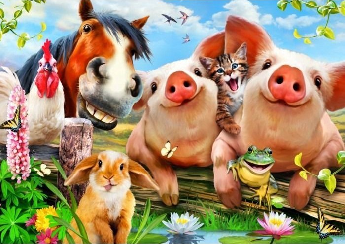 A group of cheerful, smiling farm animals and a kitten gathered outdoors in a sunny, vibrant setting.