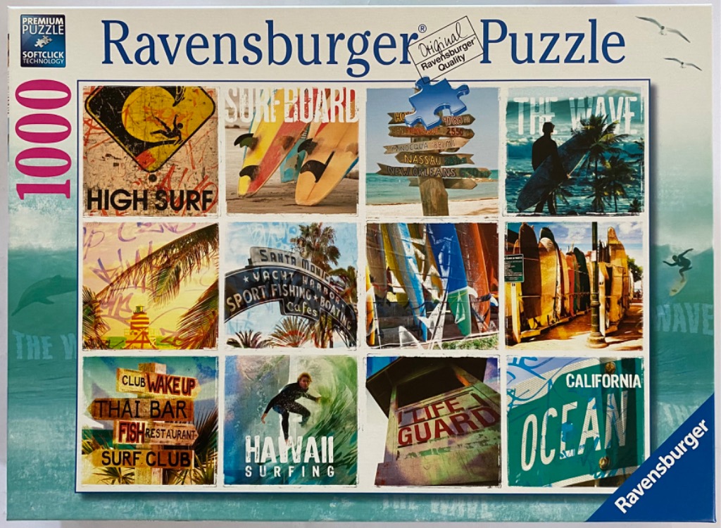 A collage of twelve coastal, surfing-themed photographs and signs.
