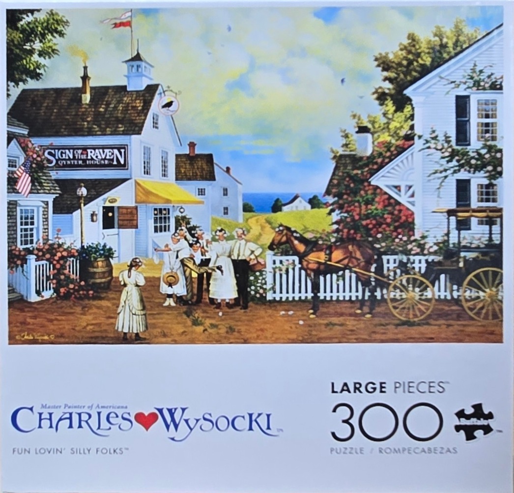 An American folk art scene depicts people in vintage clothing gathered in front of the Sign of the Raven Oyster House.
