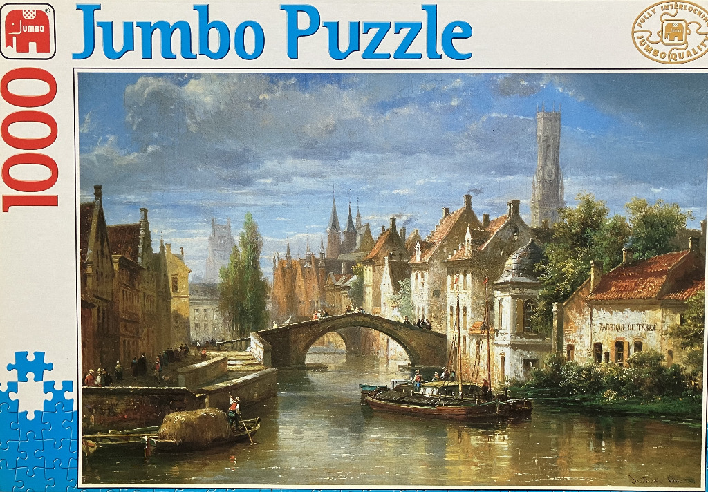 An oil painting of a historic European canal scene featuring a stone bridge, brick buildings, and boats.