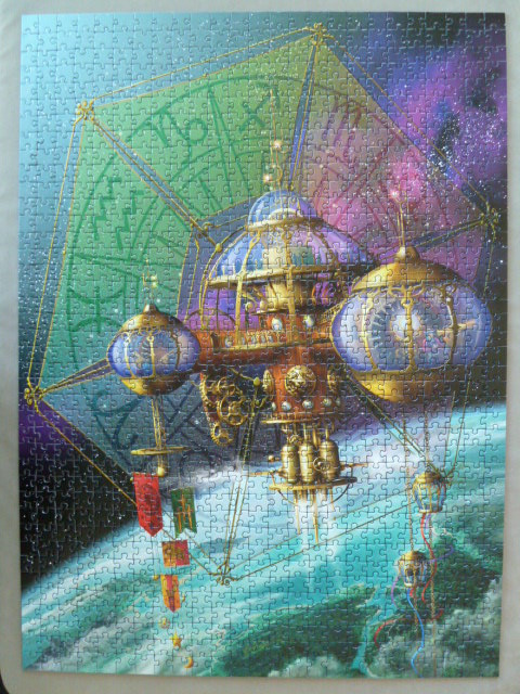A whimsical steampunk airship floating in space above a green planet, framed by a cosmic astrological grid.