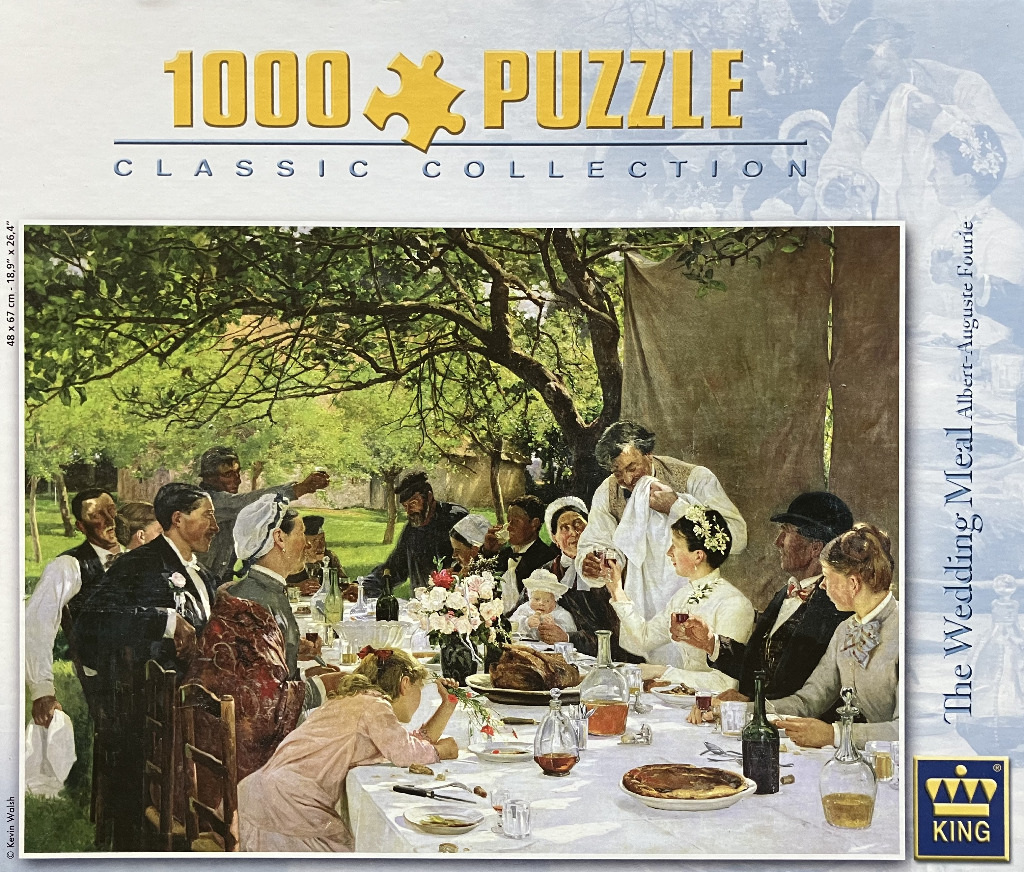 Painting of a large wedding party eating lunch at a long table outdoors under trees.