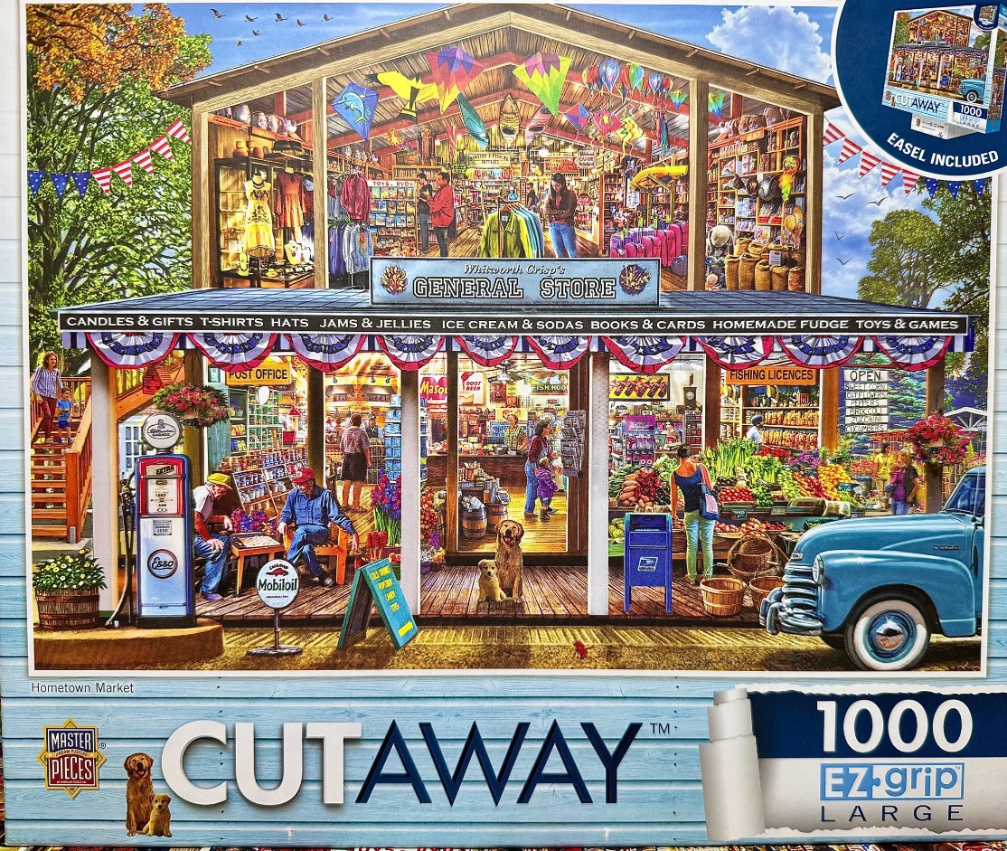 Cutaway view of a bustling general store with a vintage truck parked outside.
