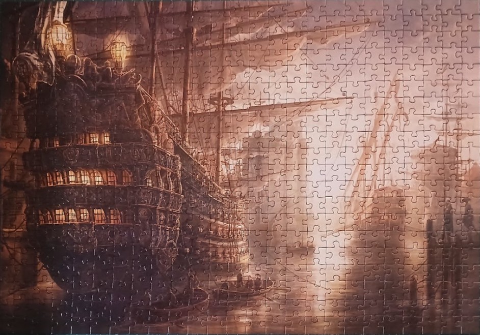 A sepia-toned historical painting of a grand galleon ship docked in a misty harbor at twilight.