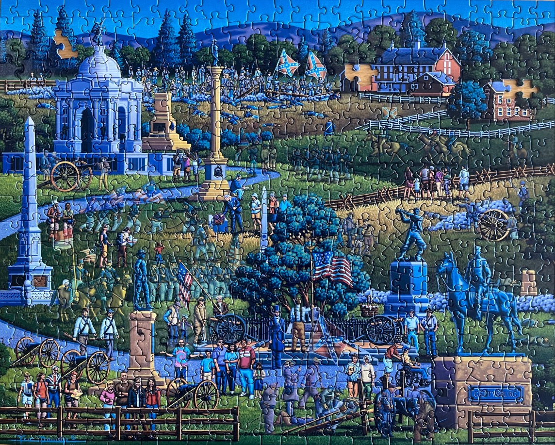Illustration of the Gettysburg battlefield with monuments, cannons, and modern-day visitors