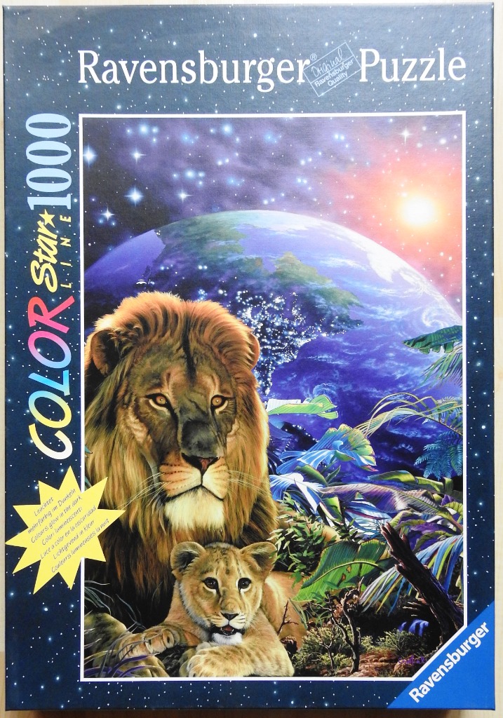 A digital illustration of a lion and its cub resting in a lush jungle with a view of Earth and space in the background.