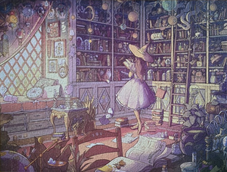An illustration of a witch in a cozy, magical library filled with books, potions, and cats.