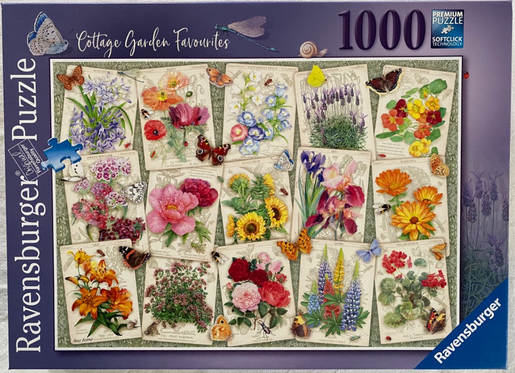 A collage of 12 botanical illustrations of cottage garden flowers on a textured green background with butterflies.