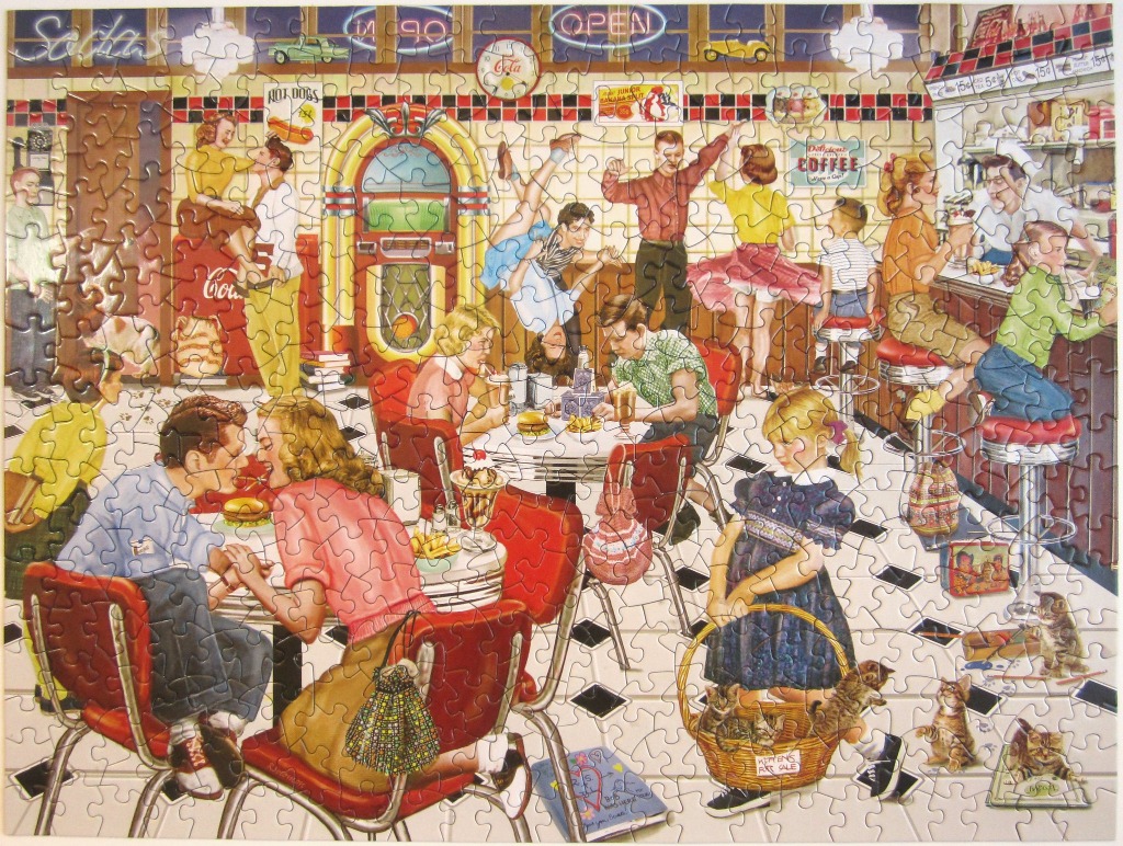 Illustration of a busy 1950s-style American diner filled with people, a jukebox, and playful kittens.