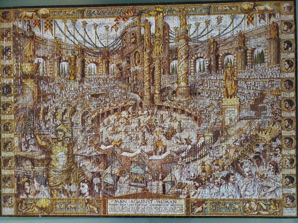 An intricate, sepia-toned illustration of an ancient Roman amphitheater during a gladiator combat event.