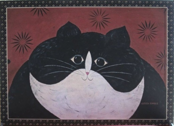 Folk art painting of a round black and white cat against a dark red patterned background.