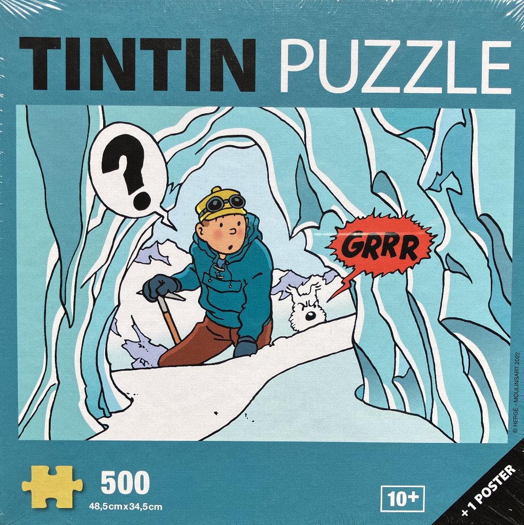Cartoon scene of Tintin and Snowy exploring a jagged blue ice cave.