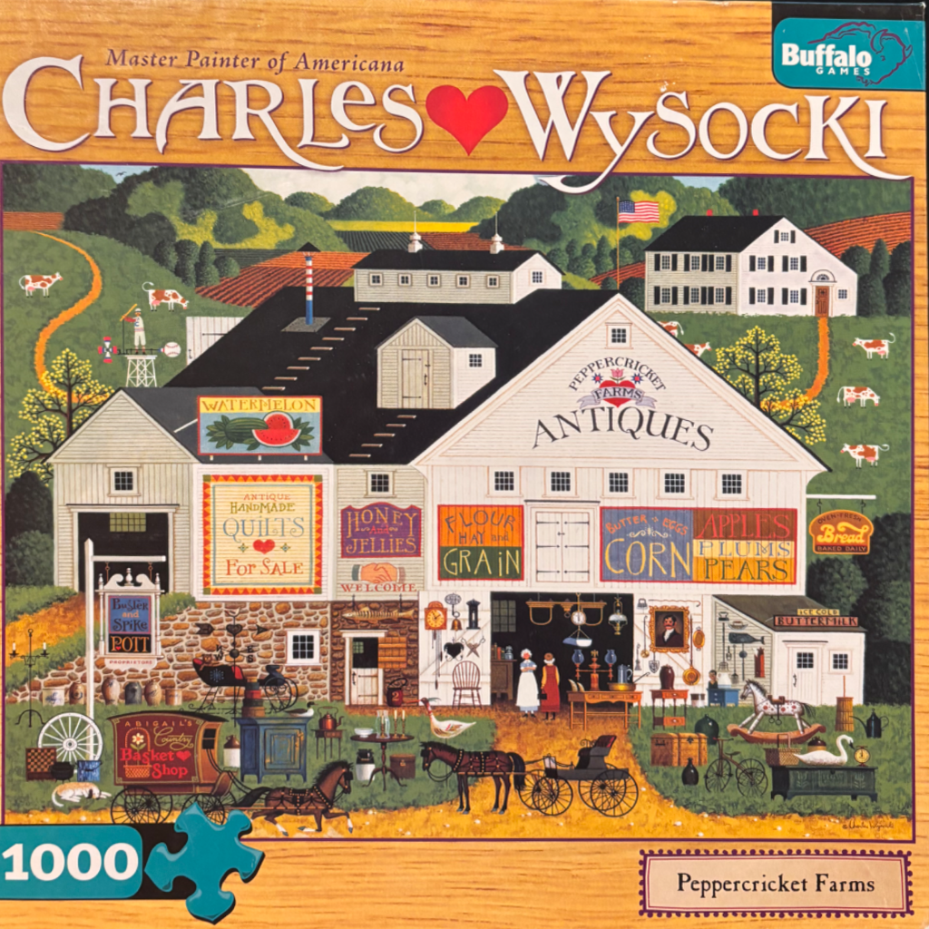 Folk art illustration of a large white barn converted into an antique shop at Peppercricket Farms.