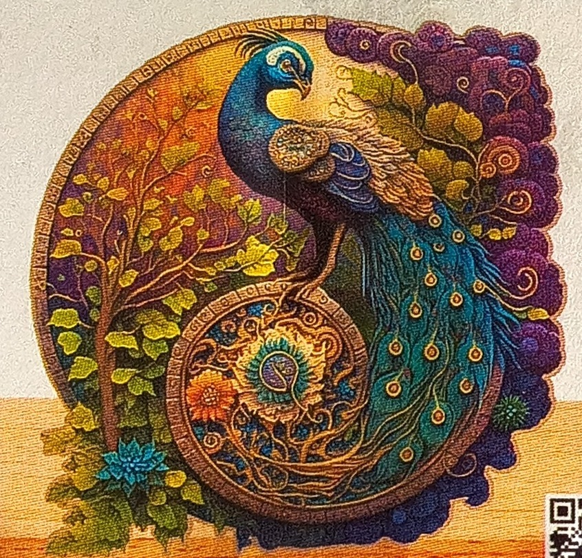 Artistic illustration of a peacock with iridescent feathers perched inside a circular frame against a colorful background.