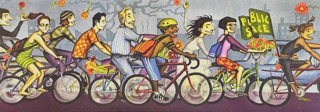 An illustration of a diverse group of people riding bicycles together down a city street, carrying flowers and a flag.