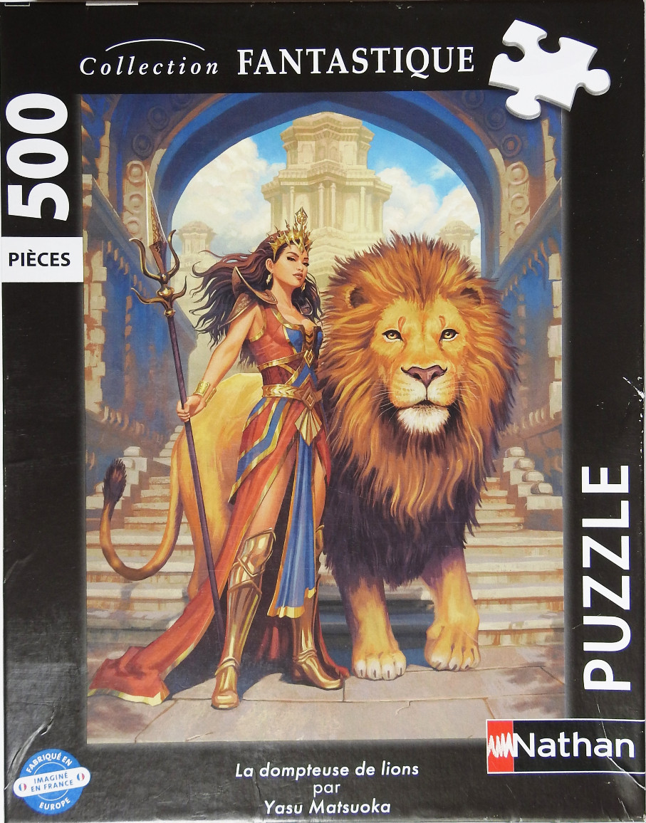 A fantasy illustration of a warrior woman holding a spear and standing beside a large, majestic lion.