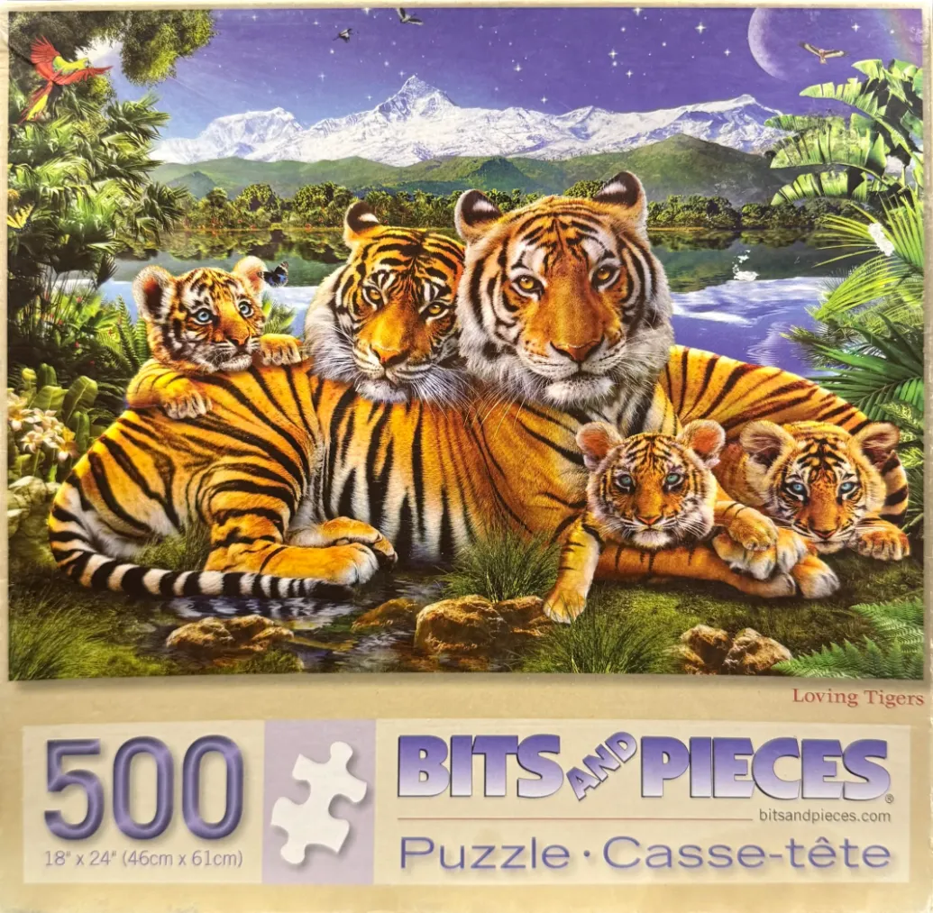 A mother tiger with three cubs resting near a pond with a snow-capped mountain range under a starry twilight sky.