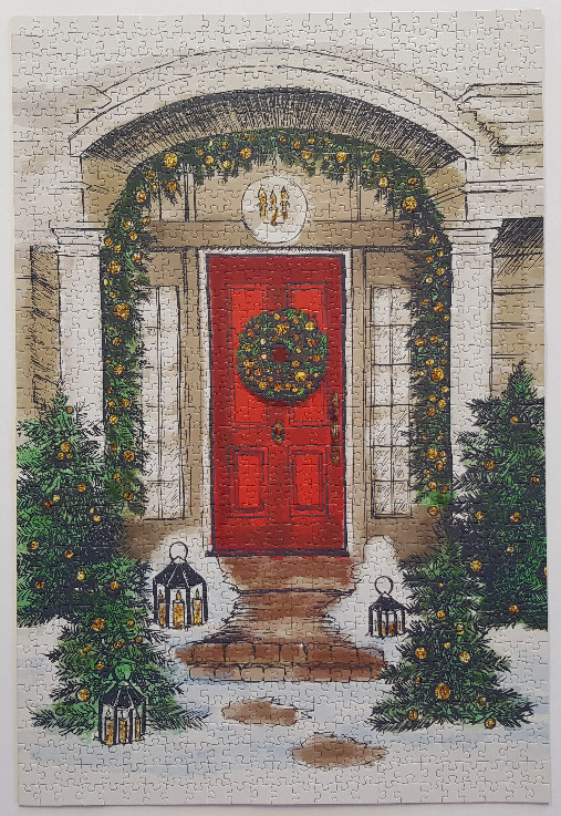 An illustration of a festive red front door decorated for Christmas, flanked by snowy evergreen trees and lanterns.
