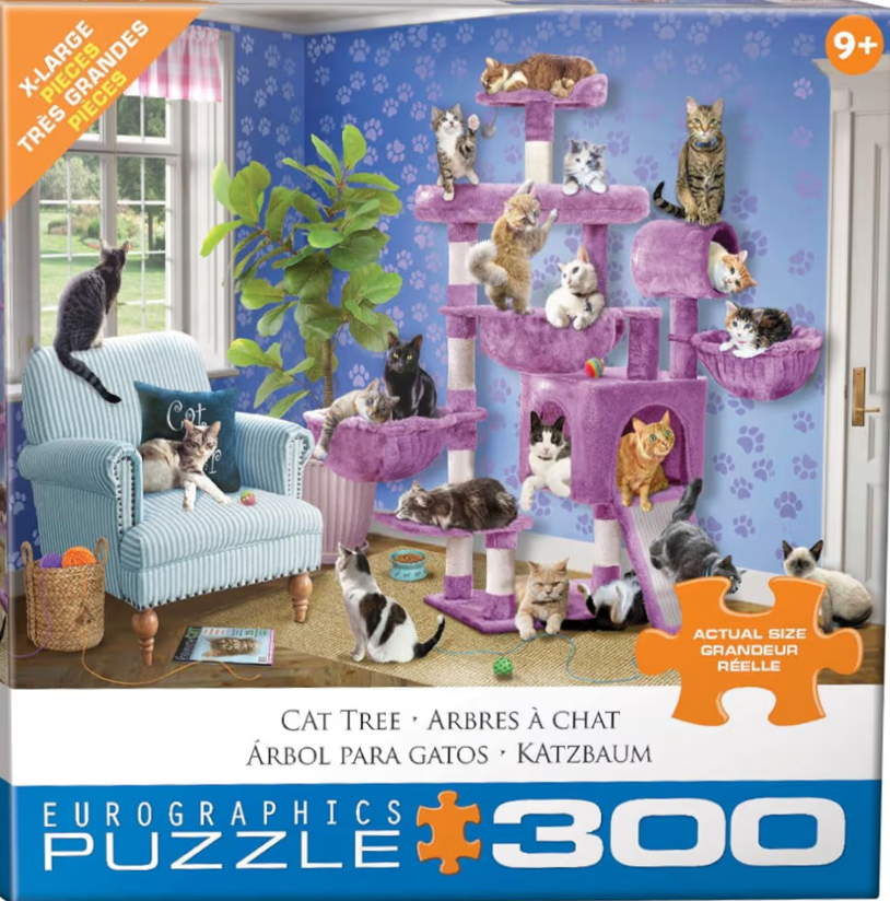 A montage of many cats playing on a large purple cat tree and lounging in a living room.