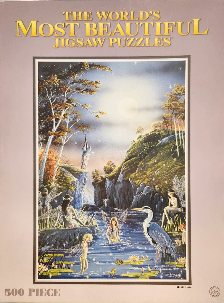 Fantasy artwork featuring several fairies gathering around a woodland pool with a heron and a distant castle at twilight.