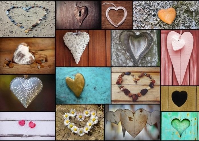 A collage of diverse heart-shaped objects found in nature and crafted items.